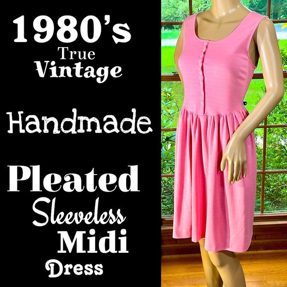 ▪️VTG▪️HANDMADE▪️1980's Pleated Sleeveless Midi Dress - Picture 1 of 8